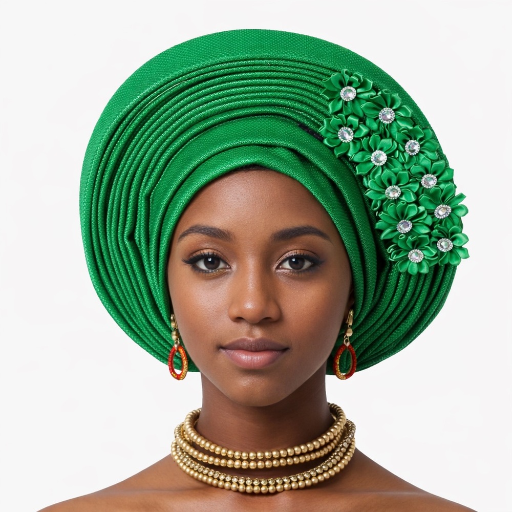 Auto Gele Floral Aso Oke African Headwrap Women’s Wedding Party Turban